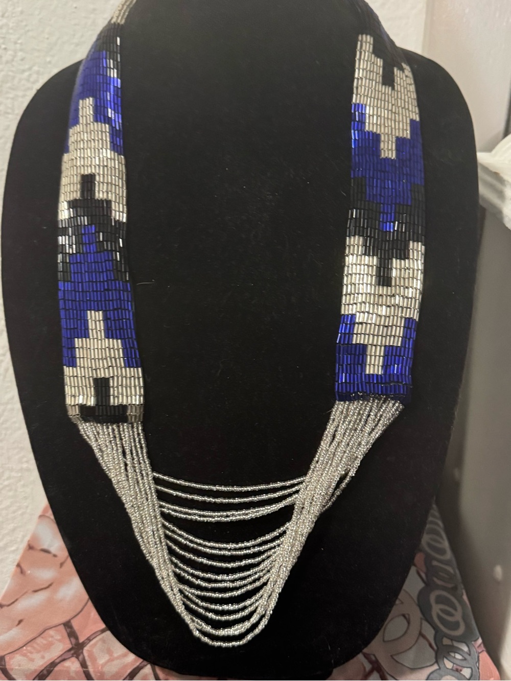 Handwoven Seed Bead Statement Necklace in Blue, Silver, Black